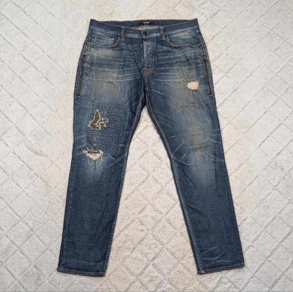 Hudson Jeans Mens 36x32 Blue Dark Wash Sartor Relaxed Skinny Distressed Moto